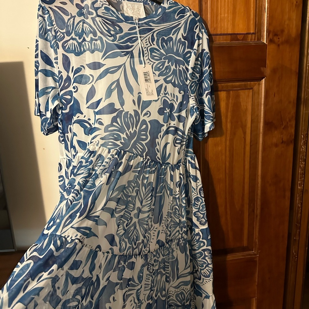 Johnny Was Beautiful Blue & White Floral Tired Mesh Midi Dress NWT
